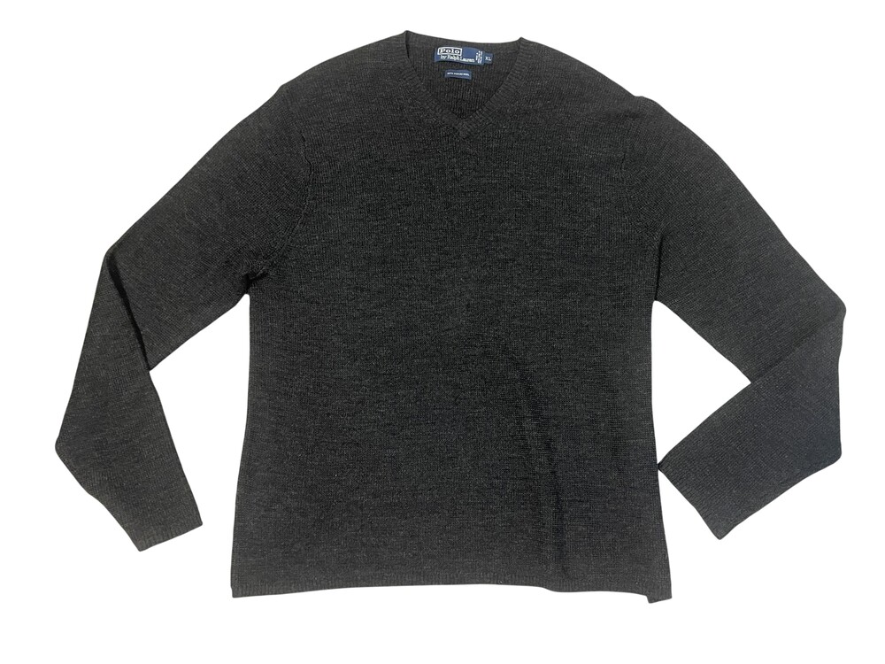 Polo By Ralph Lauren Sweater Mens XL Gray Merino Wool V Neck Knit Pullover